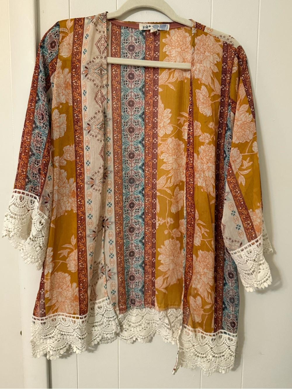 Jolt Mustard Floral Stripe Crochet-Trim Kimono